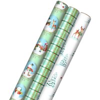 Hallmark Christmas Wrapping Paper with Cut Lines on Reverse (3 Rolls: 120 sq. ft. ttl) Storybook Critters, Snowmen, Green and Blue Plaid