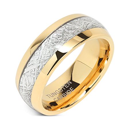 Tungsten Carbide Wedding Ring Band - 8mm Mens Tungsten Carbide Ring Meteorite Inlay 14k Gold Plated Jewelry Wedding Band Size 5-16