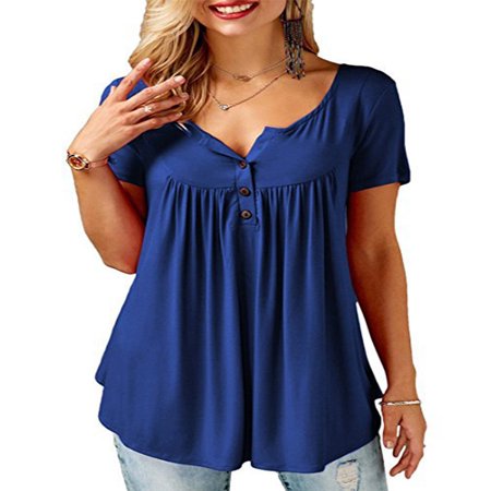 JustVH Women's Solid Henley V-Neck Casual Blouse Pleated Button Tunic Shirt (The Best Blouse Designs)