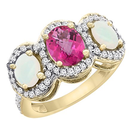 - 14K Yellow Gold Natural Pink Sapphire & Opal 3-Stone Ring Oval Diamond Accent, size 5