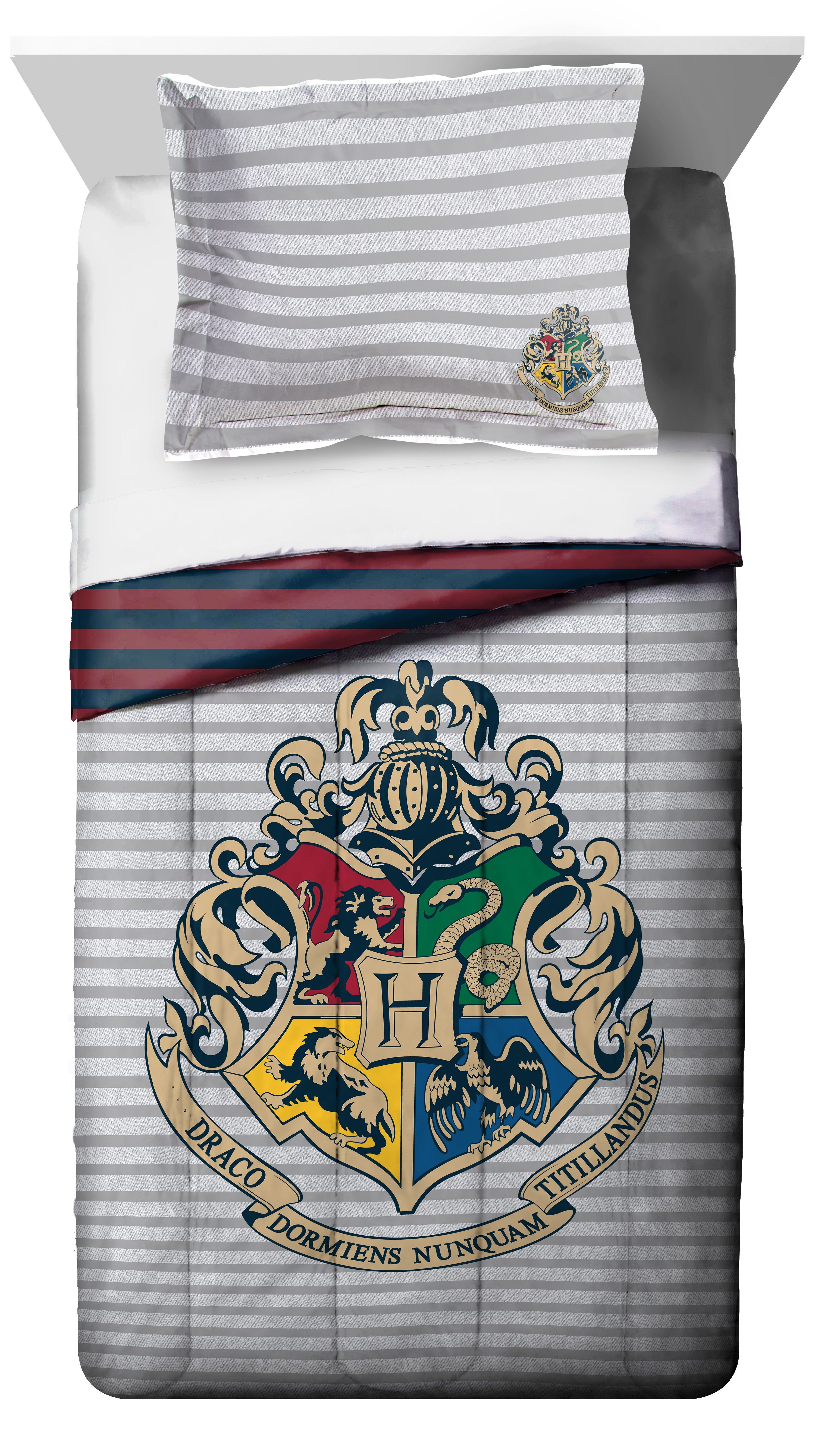 Harry Potter Hogwarts Crest Twin/Full Reversible Gray/Red Striped Comforter and Sham Set