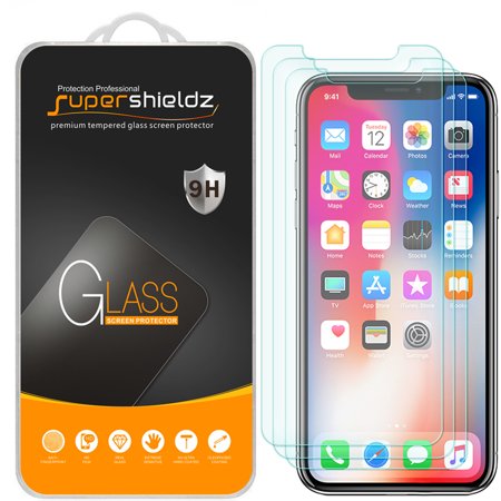 [3-Pack] Supershieldz Apple iPhone X Tempered Glass Screen Protector, Anti-Scratch, Anti-Fingerprint, Bubble