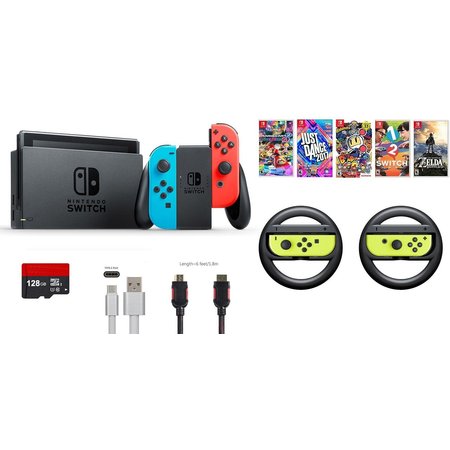 Nintendo Switch Bundle (10 items): 32GB Console Blue and Red Joy-con, 128GB Micro SD Card, Nintendo Joy-Con (L/R) Wireless Controllers Yellow, 5 Game Discs, Type C Cable, HDMI