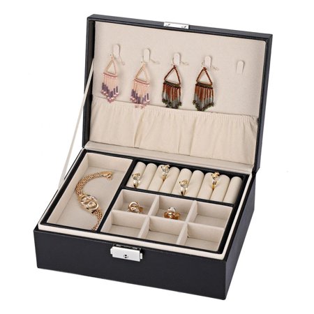 Pennant Holder - Yosoo PU leather Earring Organizer Holder for Cufflinks, Rings, Pendants, Chain - 5 Necklace Hook, 2 Stackable Trays - Elegant Jewelry Storage Box with Lock for Girls Women