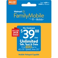 Walmart Family Mobile $39.88 Unlimited Monthly Plan (with up to 14GB of data at high speed, then 2G*) w Mobile Hotspot Capable (Email Delivery)