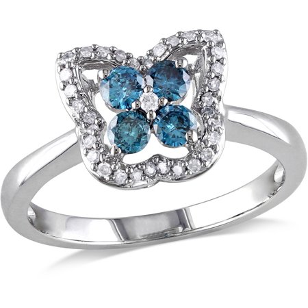 Blue Topaz Butterfly Ring - 1/2 Carat T.W. Blue and White Diamond 14kt White Gold Butterfly Ring