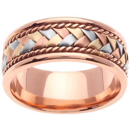 - 18K Tri Color Gold Basket Braid Handmade Comfort Fit Women's Wedding Band (8.5mm)
