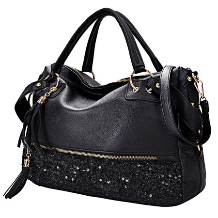Sequin Beaded Purse - Womens Handbags, Fashion Punk Style Shining Sequin Faux Leather Tote Bag Hobo Bag for Girls Women Ladies (Black)