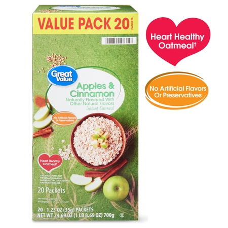 (2 Pack) Great Value Apples & Cinnamon Instant Oatmeal Value Pack, 1.23 oz, 20
