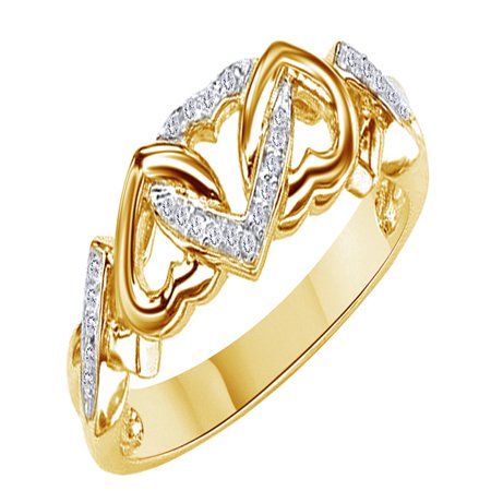 White Natural Diamond Accent Triple Heart Promise Ring In 14k Yellow Gold Over Sterling Silver (0.03