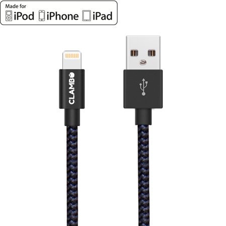Iphone 5s Charger 6 Feet Apple MFi Certified 6.6 Feet (2 m) Heavy-duty Nylon-Braided Data Sync Lightning to USB Charger Charging Cable Cord for iPhones by Clambo - Gray color ()