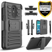 LG Stylo 4 Case, Dual Layers [Combo Holster] And Built-In Kickstand Bundled with [Temerped Glass Screen Protector] Hybird Shockproof And Circlemalls Stylus Pen (Black)