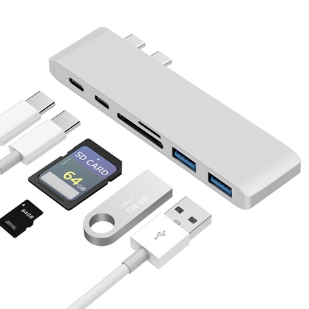 TSV USB Hub 6-in-1 Type C Pro Hub Adapter for 2016/2017 MacBook Pro 13”and 15”Aluminum, Thunderbolt 3, USB 3.0, Mirco SD / SD Card (Best Powered Usb Hub For Mac)