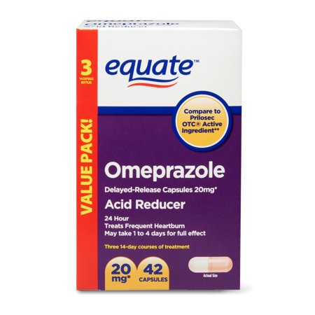 Equate Acid Reducer Omeprazole Capsules, 20 mg, 42 Count, 3 (Best For Acid Reflux At Night)