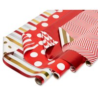 American Greetings Christmas Reversible Wrapping Paper, Red and Gold, Polka Dot, Stripe, Zigzag and Herringbone, 4-Rolls, 120 Total Sq. Ft.