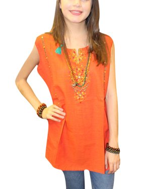 Mogul Women's Orange Embroidered Cotton Tunic Blouse Top S