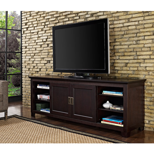 Espresso Wood TV Stand with Sliding Doors for TVs up to 70''