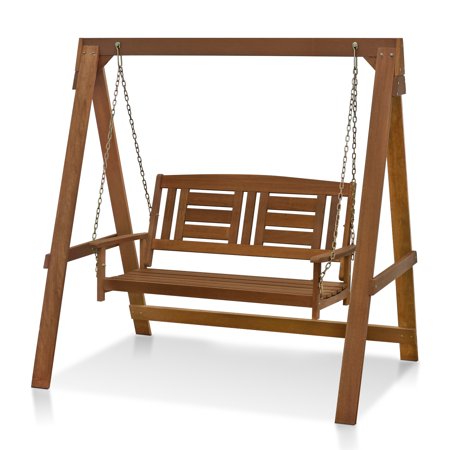 Furinno Tioman Hardwood Hanging Porch Swing with Stand in Teak Oil, FG16409