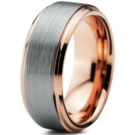 Charming Jewelers Tungsten Wedding Band Ring 8mm for Men Women Comfort Fit 18K Rose Gold Plated Plated Beveled Edge Brushed Polished Lifetime (Best Tungsten Ring Brands)