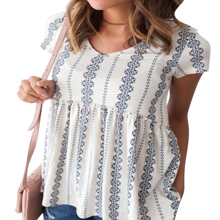 Short Sleeve Womens Blouse - Nlife Women Short Sleeve Floral Print V Neck Peplum Blouse