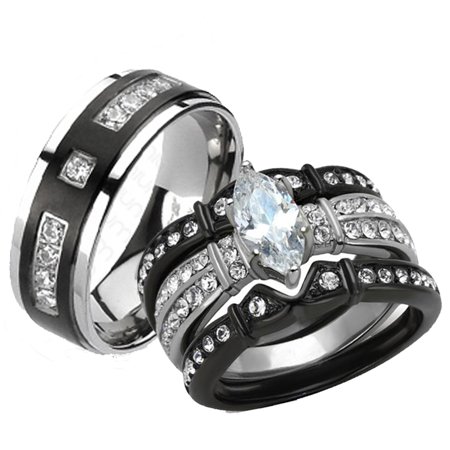 - Her & His 4pc Black Stainless Steel & Titanium Wedding Engagement Ring Band Set Size Women's 10 Men's 12