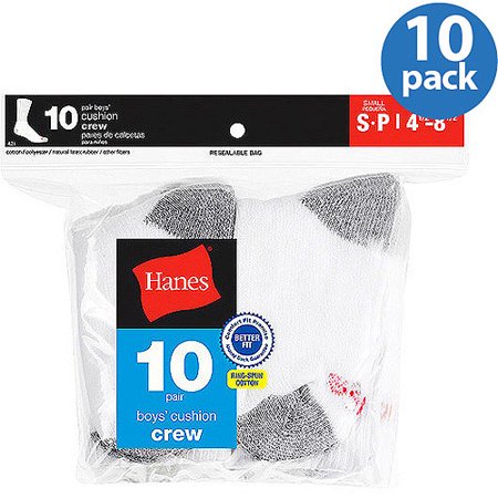 Hanes Boys' Crew Socks, 10 Pairs