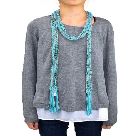 Crocheted Beads Bling Scarf with Fringe (Aqua)