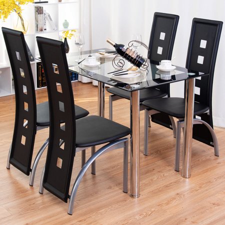 Kitchen Furniture Home Decor Costway 5 Piece Dining Set Glass Table and 4 Chairs Home Kitchen Breakfast Furniture ()