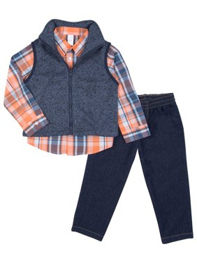 Toddler Boy Polar Fleece Vest, Woven Button-up Shirt & Jeans 3pc Outfit Set