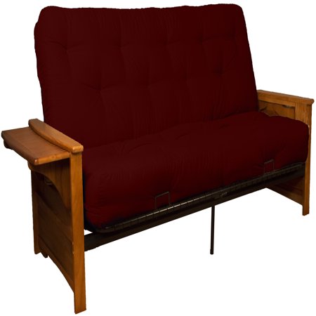 - Bayview Attached End Table True 8-inch Loft Cotton/Foam Futon Sofa Sleeper Bed, Full-size, Medium Oak Arms, Twill Red