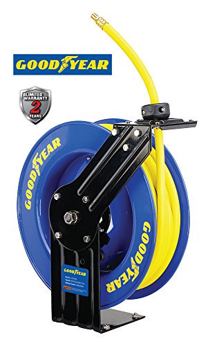 50' Air Hose Reel Goodyear L815153G Steel Retractable Air Compressor/Water Hose Reel with 3/8 in. x 50 ft. Rubber Hose, Max. 300PSI ()