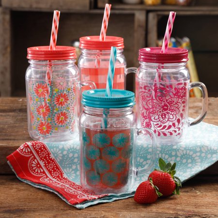The Pioneer Woman Simple Homemade Goodness Decorated 16-Ounce Double-Wall Mason Jar with Lid and Handle, Set of 4
