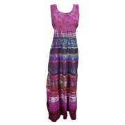 Mogul Women's Long Dress Pink Cotton Printed Tie Back Sleeveless Boho Sundress Dresses