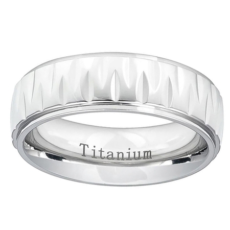 Men Women Titanium Wedding Band Ring 7mm White Alternating Notches Texture