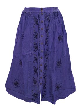 Mogul Womens Skirts Embroidered Rayon Purple Button Front Bohemian Gypsy Skirt S