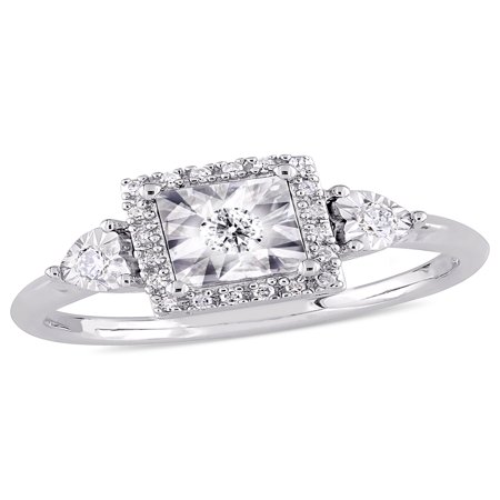 1/6 Carat T.W. Diamond Sterling Silver Three-Stone Halo Engagement (Best Engagement Ring Material)