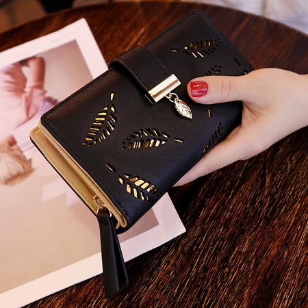 - Women Hollow Out Leaf Long Clutch Purse Card Holder Bifold Leather Wallet