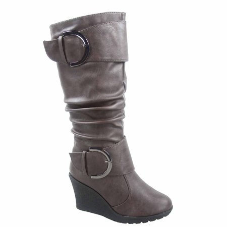 - Pure-65 Women's Fashion Round Toe Slouch Large Buckle Wedge Mid Calf Boot Shoes