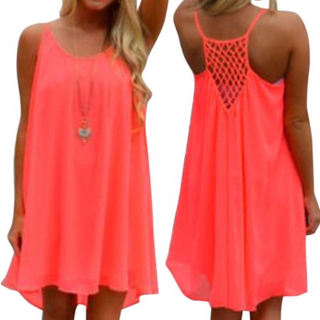 Dotted Chiffon Mini Dress Women Sexy Chiffon Short Mini Dresses Loose Blouse Strappy Summer Beach Sundress Casual Plus Size ()