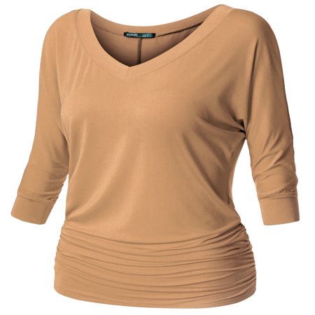 - Thanth Women's Basic Dolman Sleeves Shirring Drape Tunic Top