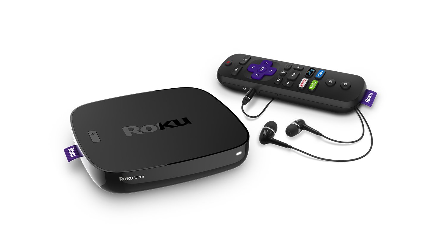 Roku Ultra 4K HDR Streaming Player (2018) with JBL headphones