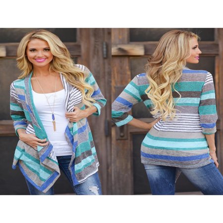 Stripe Open Cardigan Cyber Monday Deals! Women's 3/4 Sleeve Cardigan Sweater for Women, Blue / Red Striped Printed Lightweight Kimono Cardigan for Juniors, Gift Open Front Draped Knitted Flyaway Cardigans, Clearance! ()