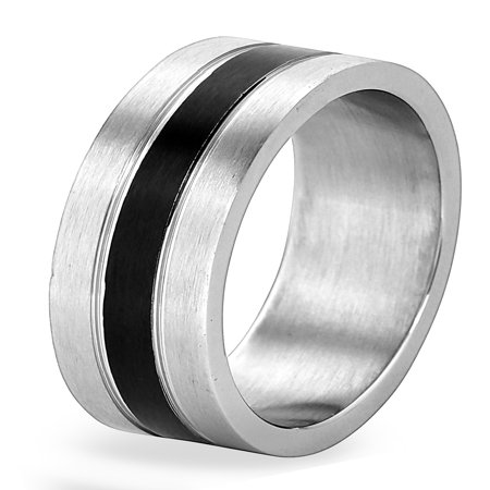 - Men's Stainless Steel Brushed Black Striped Grooved Ring (8mm)