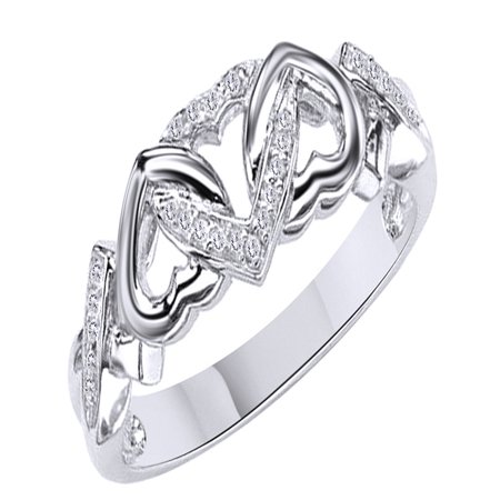 - White Natural Diamond Accent Triple Heart Promise Ring In 14k White Gold Over Sterling Silver (0.03 Cttw)
