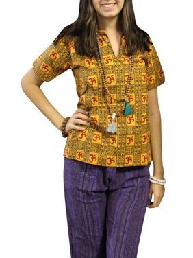 Mogul Women’s Yoga Tunic Top Om Printed Bohemian Hippy Short Sleeves Beautiful Cotton Tunic S