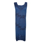 Mogul Womens Resort Fashion Dress Blue Embroidered Tunic Shift Boho Style Sundress