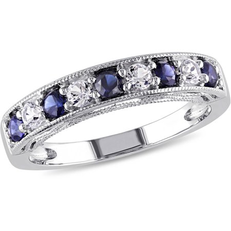 - 7/8 Carat T.G.W. Created Blue and White Sapphire Sterling Silver Semi-Eternity Anniversary Ring