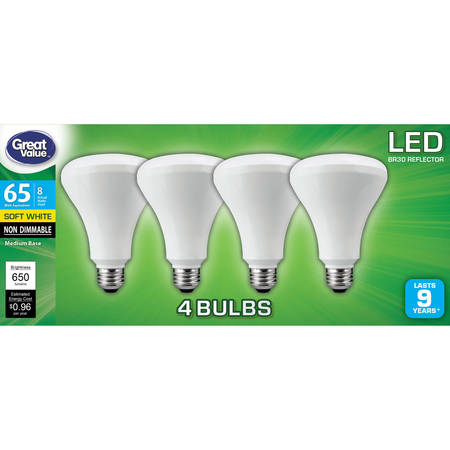 Great Value LED Light Bulb, 8W (65W Equivalent) BR30 Reflector Lamp E26 Medium base, Non-Dimmable, Soft White,
