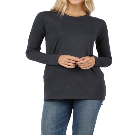 Rib Long Sleeve Crewneck Tee - Women Basic Round Crew Neck Long Sleeve Stretch Cotton Spandex T-Shirts