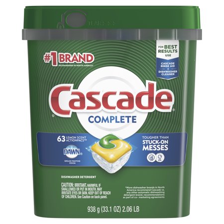 Cascade Complete ActionPacs Dishwasher Detergent, Lemon Scent, 63
